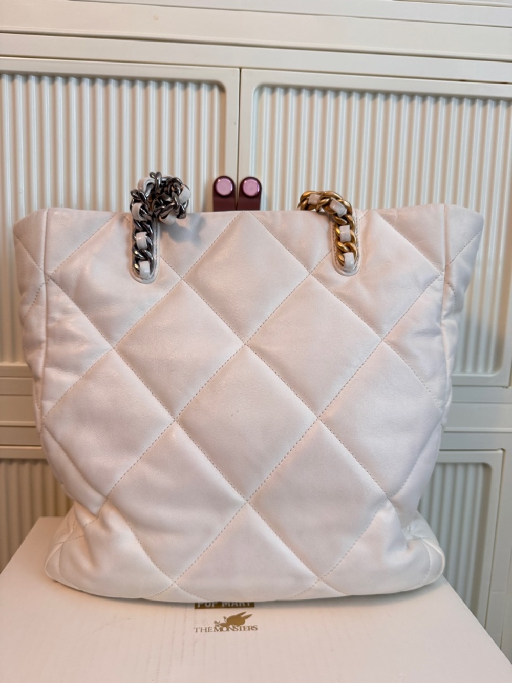 CHANEL White Quilted Leather Tote with Mixed Metal Chain Straps - Picture 3 of 13